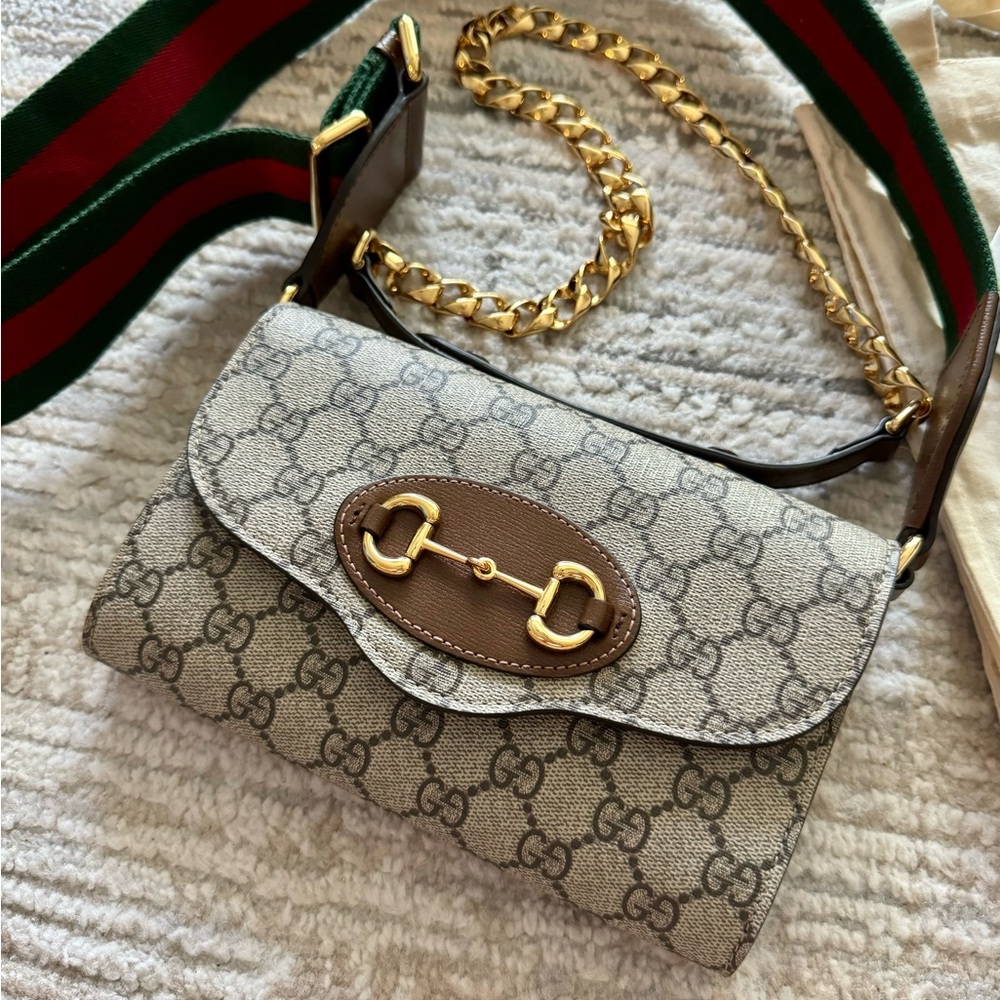 Gucci GG Supreme Horsebit 1955 Curved Flap Envelope Small Canvas Shoulder Bag - Picture 6 of 14